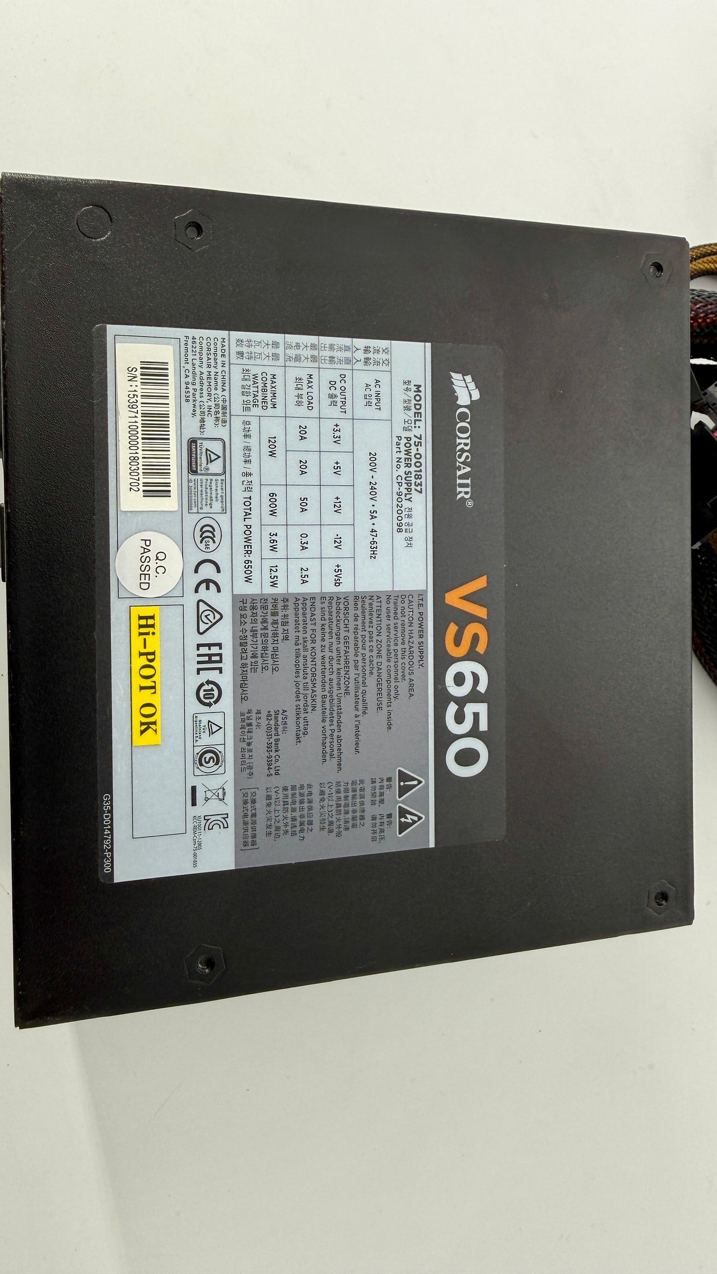 Corsair VS650 — 650 Watt 80 PLUS® Power Supply S/N : 15397110000018030702