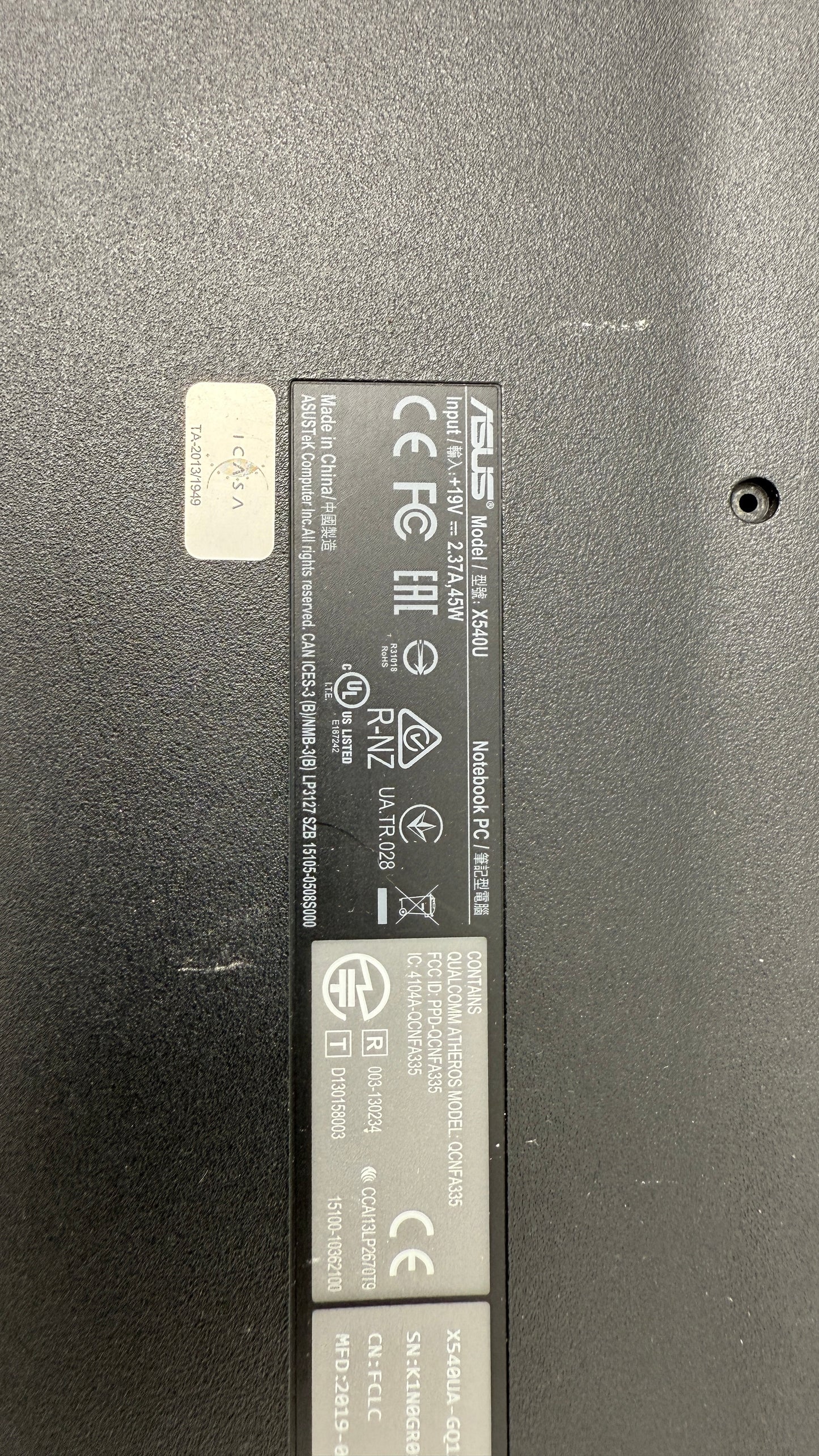 Asus Model X540U outer case. Bottom and top with hinge