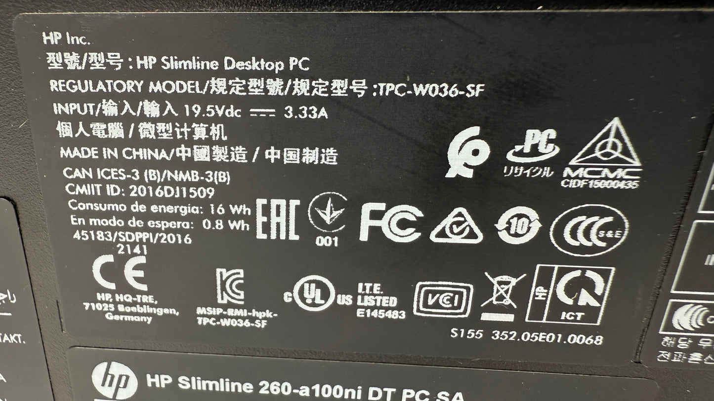 HP Slimline Desktop pc 260 a100ni. With WiFi Card.