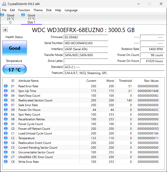 WD Red 3TB NAS Internal Hard Drive 5400 RPM Class, SATA 6 Gb/s, CMR, 64 MB Cache, 3.5 WD30EFRX (WD-WCC4N4KVLVKX)
