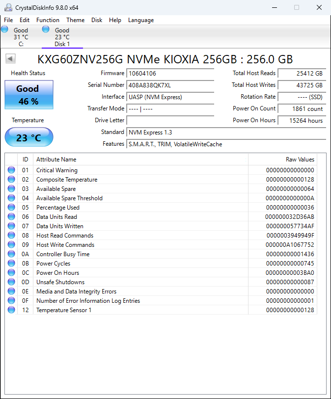 KXG60ZNV256G NVMe KIOXIA 256GB M.2 2280 SSD (Test Results In Images)