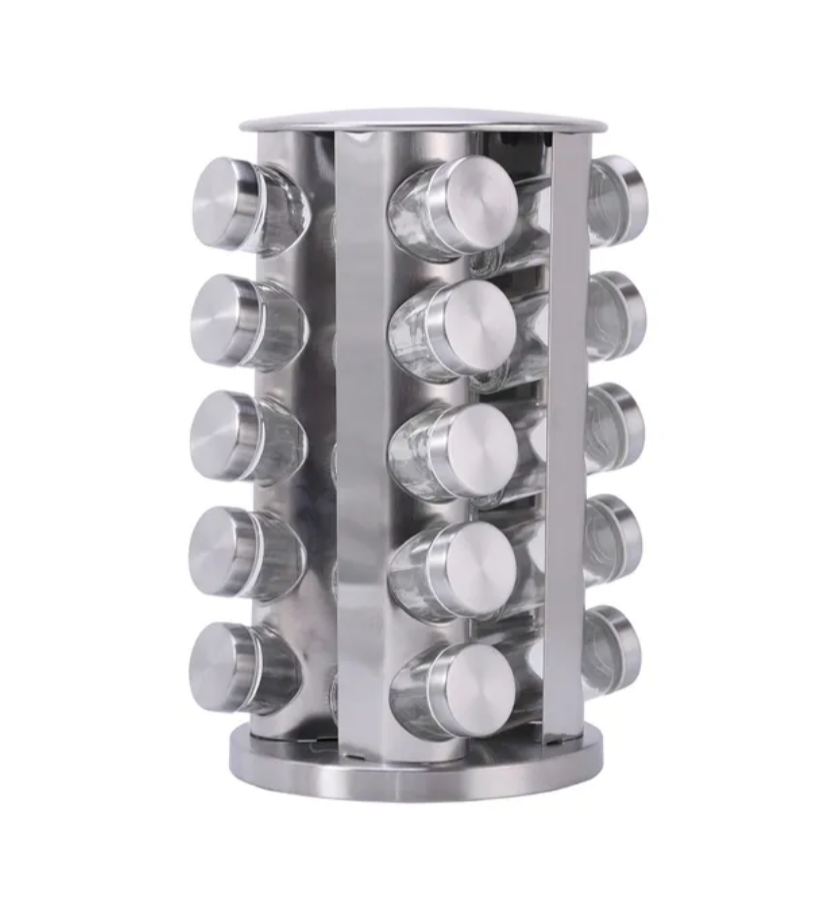 Stainless Steel Rotating Spice Rack With 20 Glass Jars