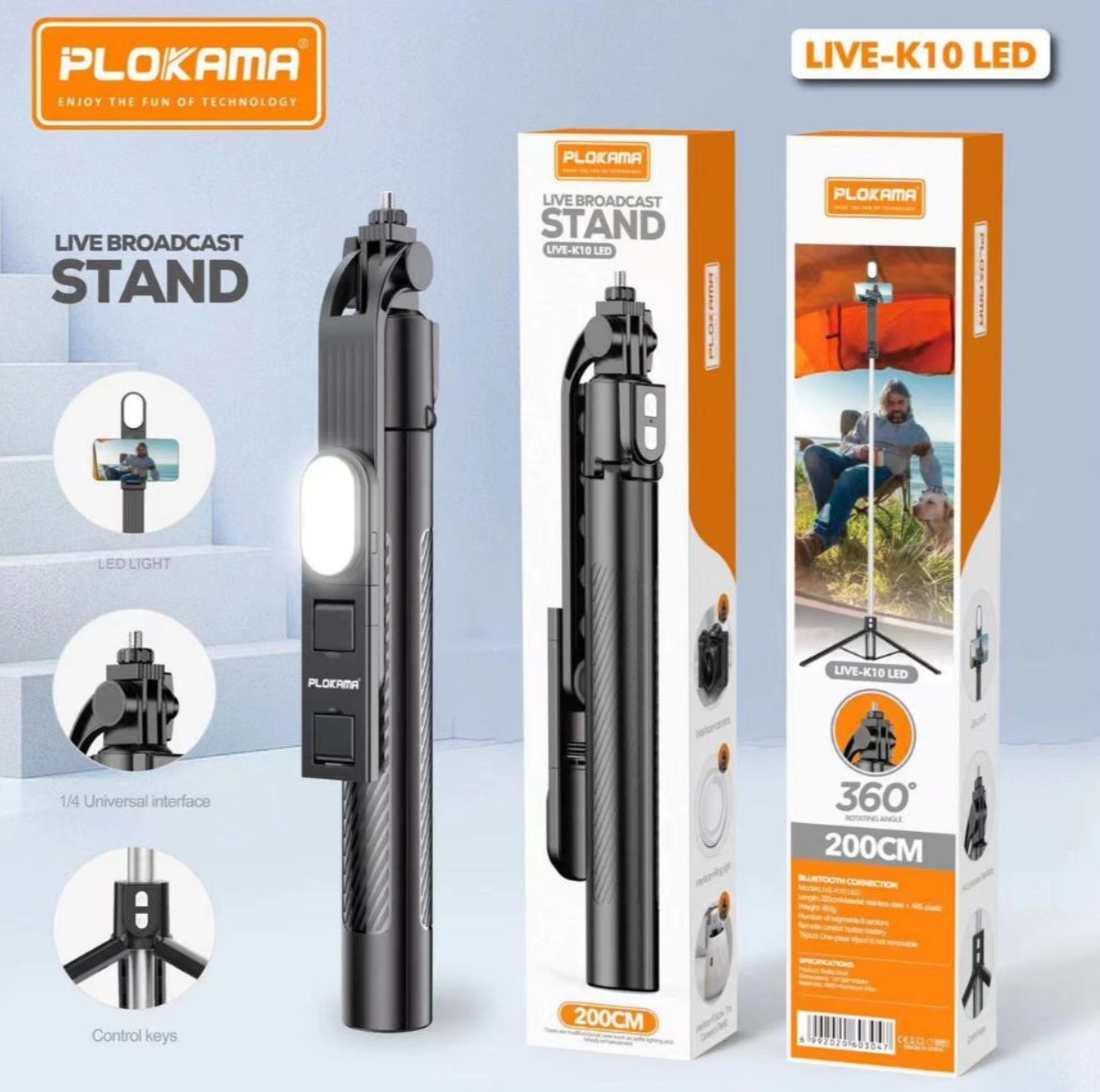 PLOKAMA LIVE-K10 LED Selfie Stick Portable Tripod 200cm 3 in 1 Bluetooth Remote