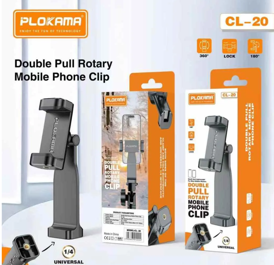 Plokama CL20 Phone Holder – Premium 360° Tripod Mount | Universal 1/4" Screw | Portrait & Landscape | Flexible Grip for Mobile Photography & Videography