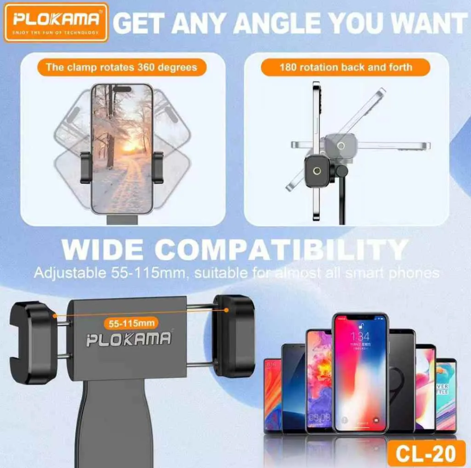 Plokama CL20 Phone Holder – Premium 360° Tripod Mount | Universal 1/4" Screw | Portrait & Landscape | Flexible Grip for Mobile Photography & Videography