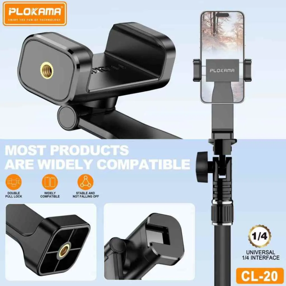 Plokama CL20 Phone Holder – Premium 360° Tripod Mount | Universal 1/4" Screw | Portrait & Landscape | Flexible Grip for Mobile Photography & Videography