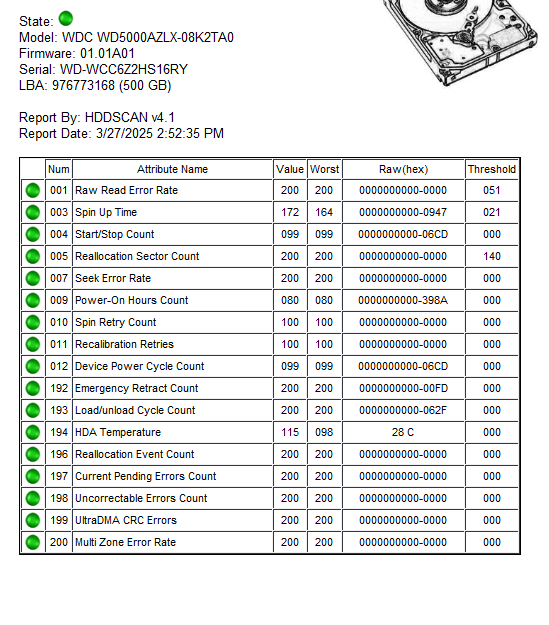 WD 500GB 7200RPM 3.5 Model WDC WD5000AZLX-08K2TA0