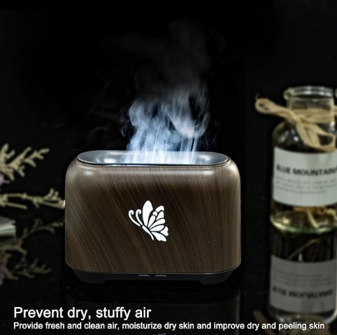 Wood Grain Humidifier, Flame Diffuser Humidifier Relieve Fatigue 150ml Silent Operation for Bedroom for Office (Deep Grain)