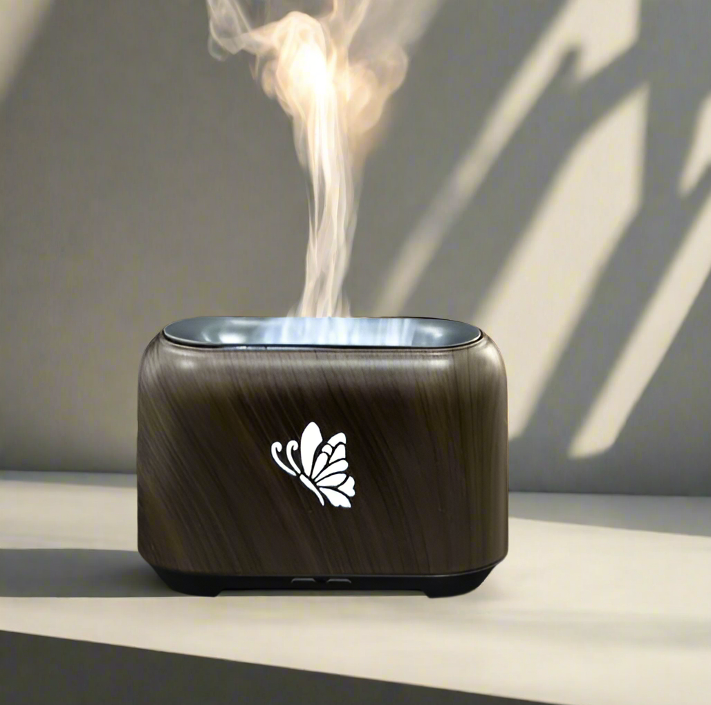 Wood Grain Humidifier, Flame Diffuser Humidifier Relieve Fatigue 150ml Silent Operation for Bedroom for Office (Deep Grain)