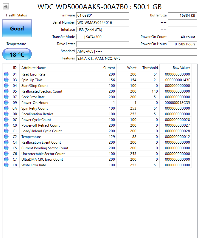 WDC WD5000AAKS-00A7BO : 500.1 GB