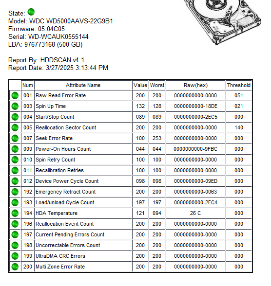 HDD 500GB Model: WDC WD5000AAVS-22G9B1