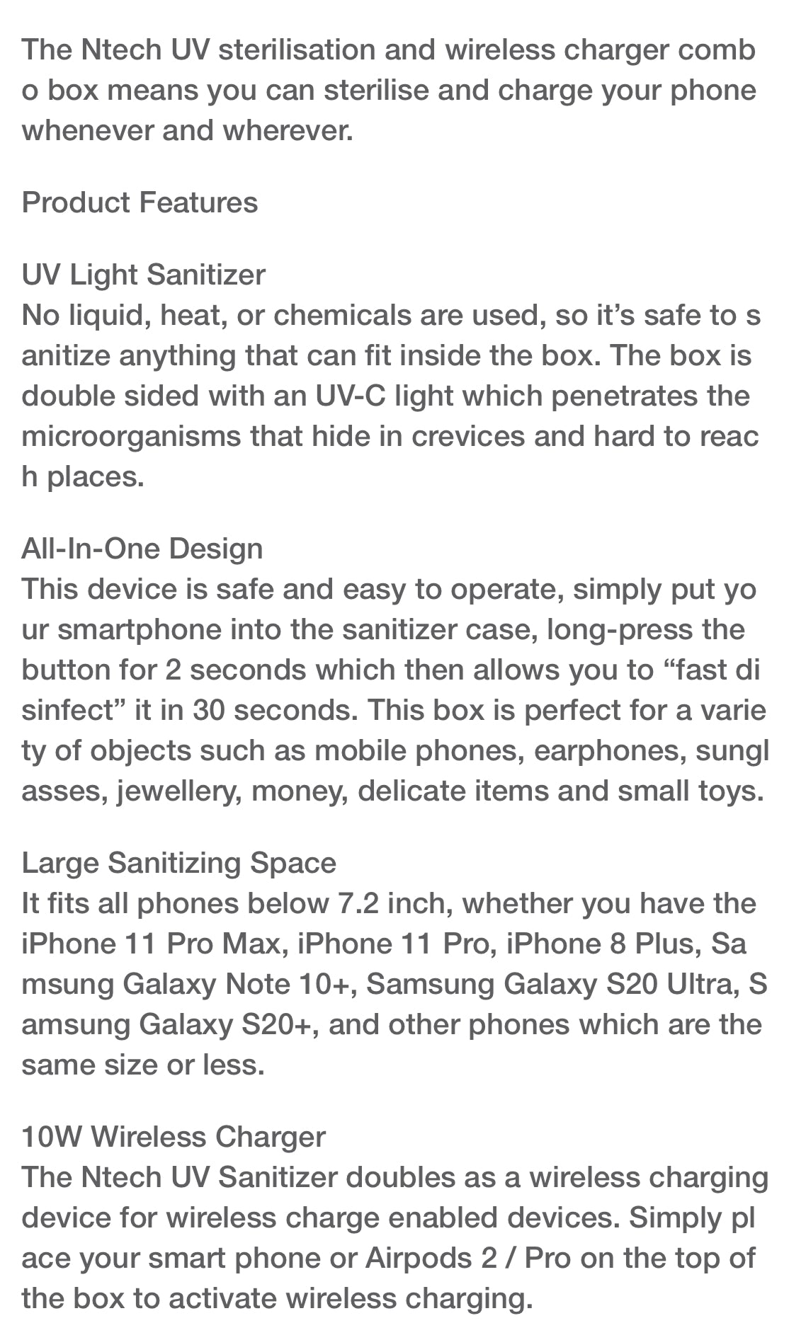 Ntech 10w Wireless Phone Charging UV Sterilizer Box