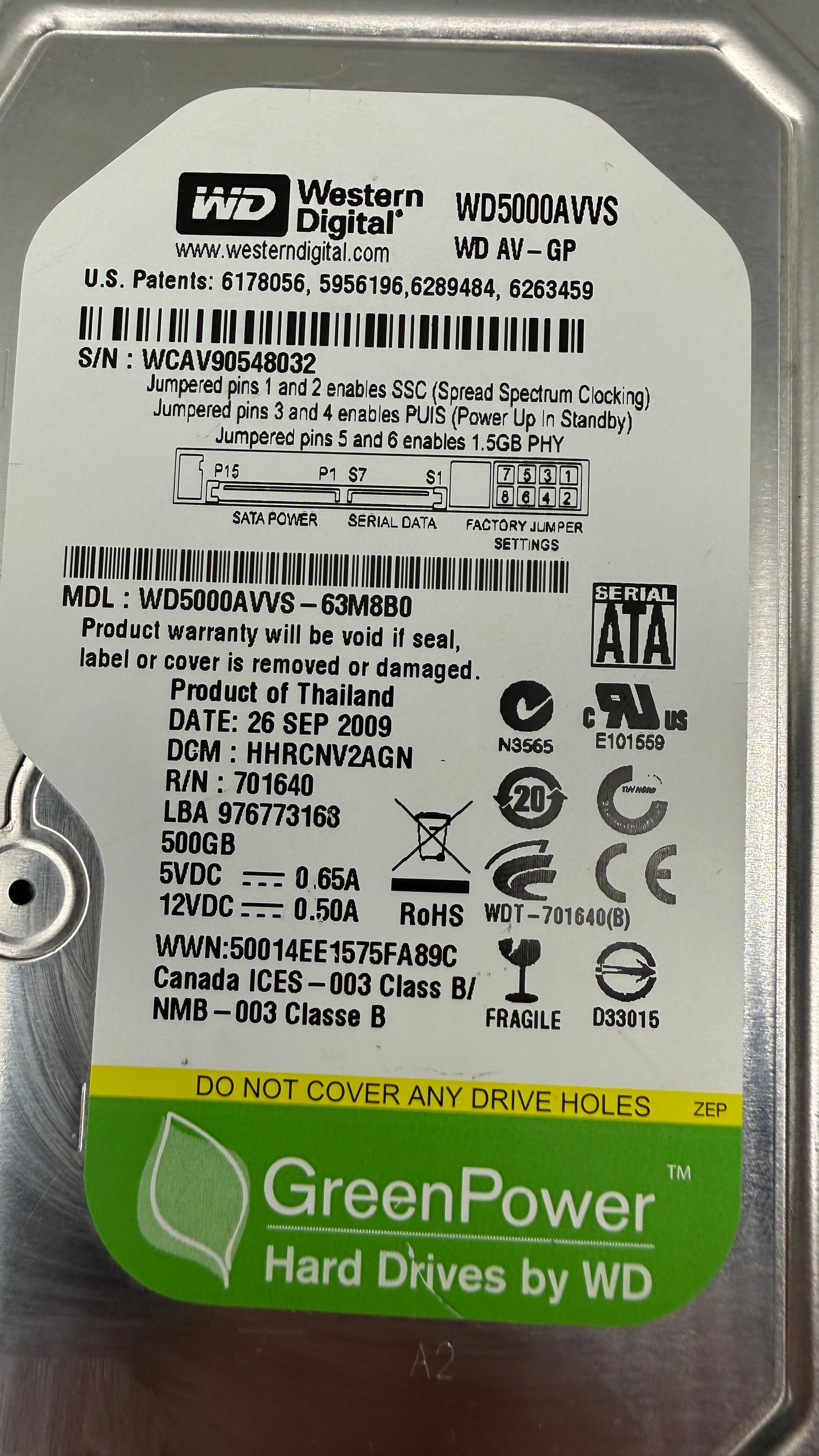 WD 500GB Hard Drive MDL: WD5000AVS WD5000AVVS-63M8B0 (Test Results In Images)