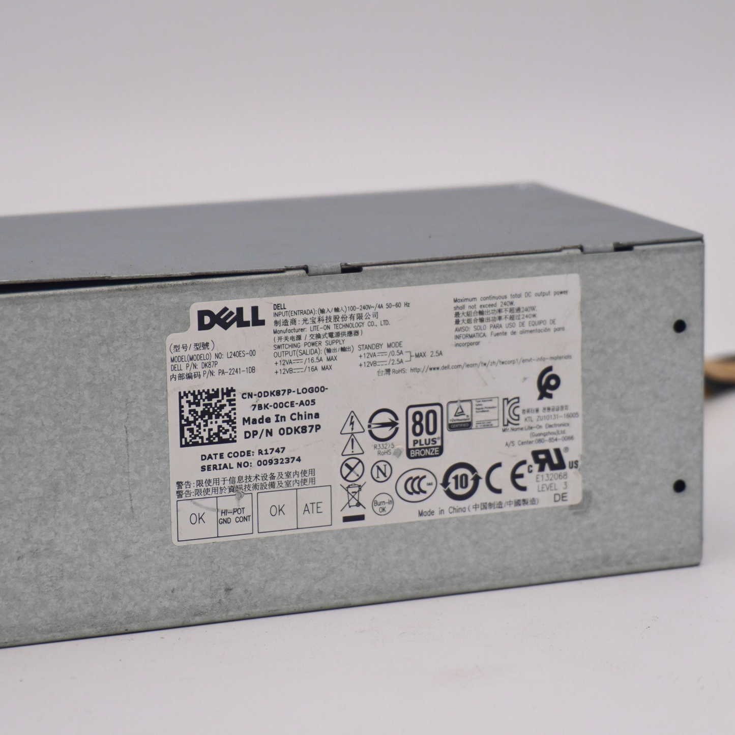 Dell 240W (80 PLUS Bronze) Power Supply | L240ES-00 6pin/4pin