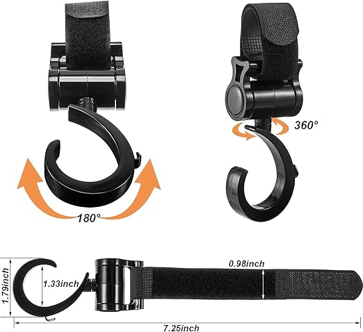 4 Pack Baby Stroller Hooks for Shopping, Stroller Hooks Universal Diaper Bag Hook for Stroller 360° Rotation Large Stroller Hooks Strong Load-Bearing 30 LB Car Back Seat Hooks