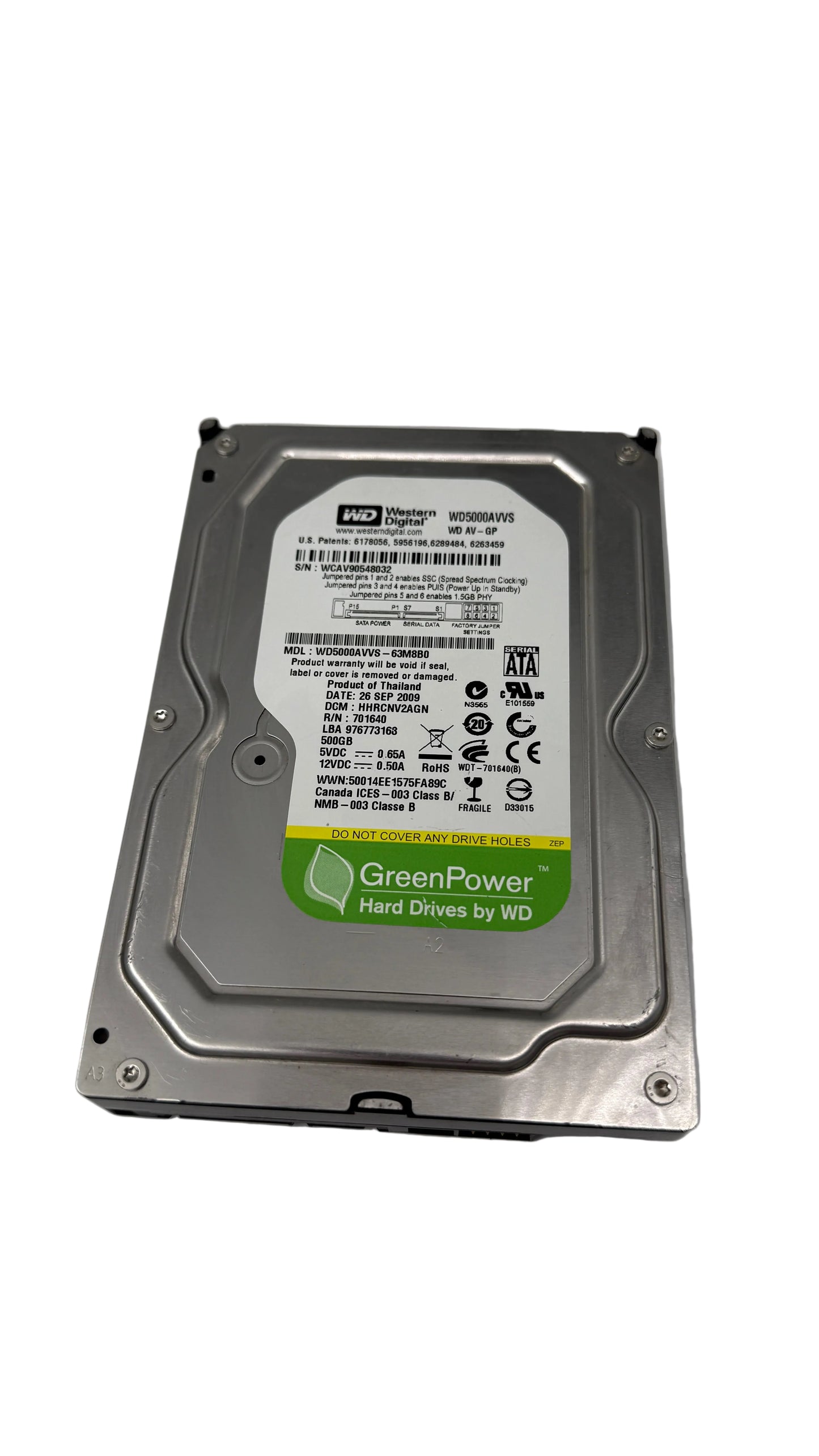 WD 500GB Hard Drive MDL: WD5000AVS WD5000AVVS-63M8B0 (Test Results In Images)