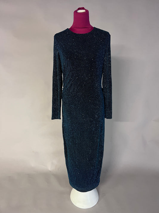 Forever New Monica Ruched Teal Glitter Bodycon - Size 16