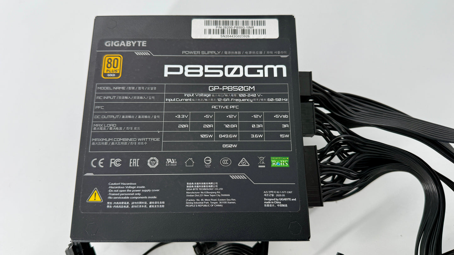Gigabyte P-GM 850W (GP-P850GM), an 80-Plus Gold certified power supply. A Grade Unit.