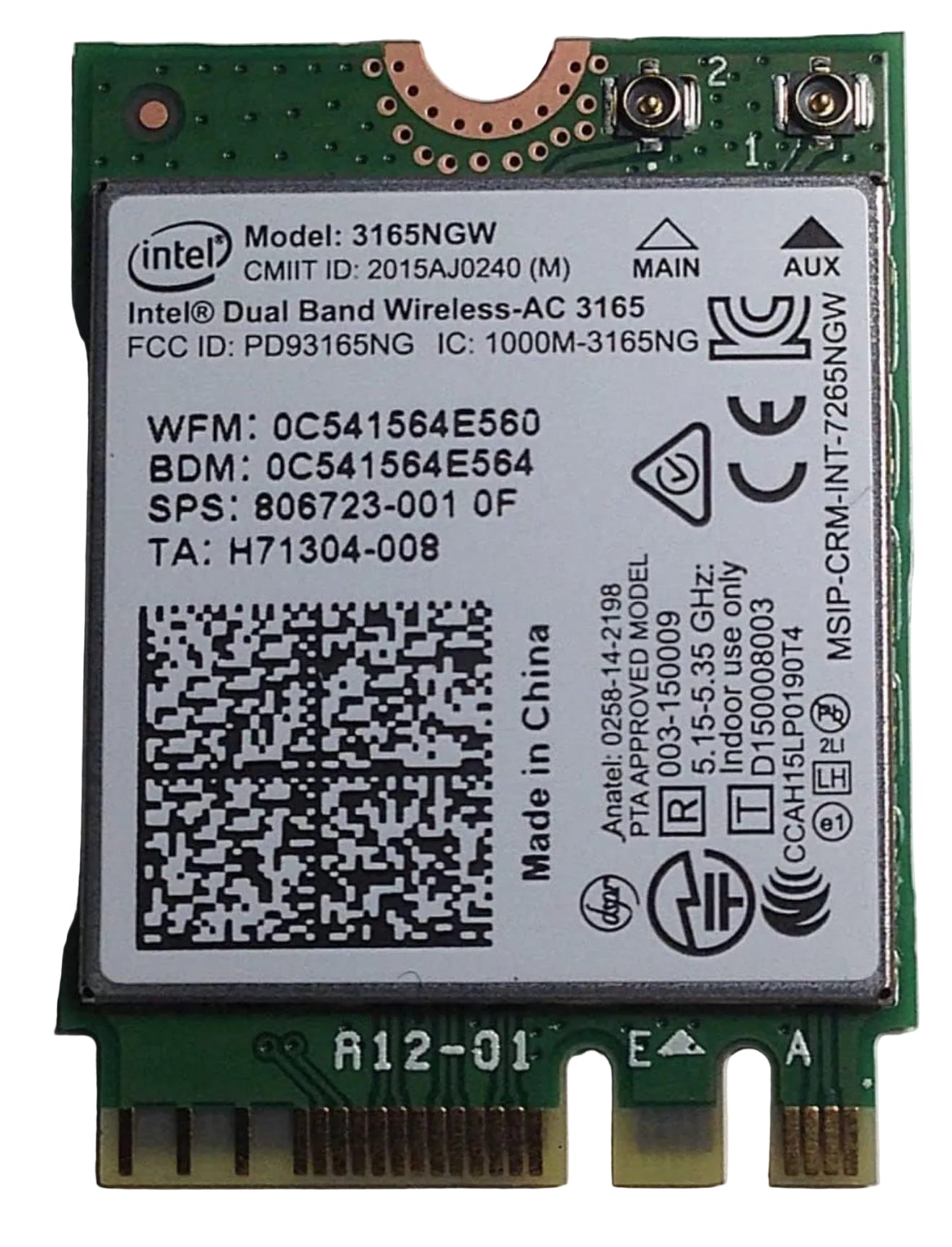 INTEL WIRELESS-AC 3165 3165.NGWG DUAL BAND