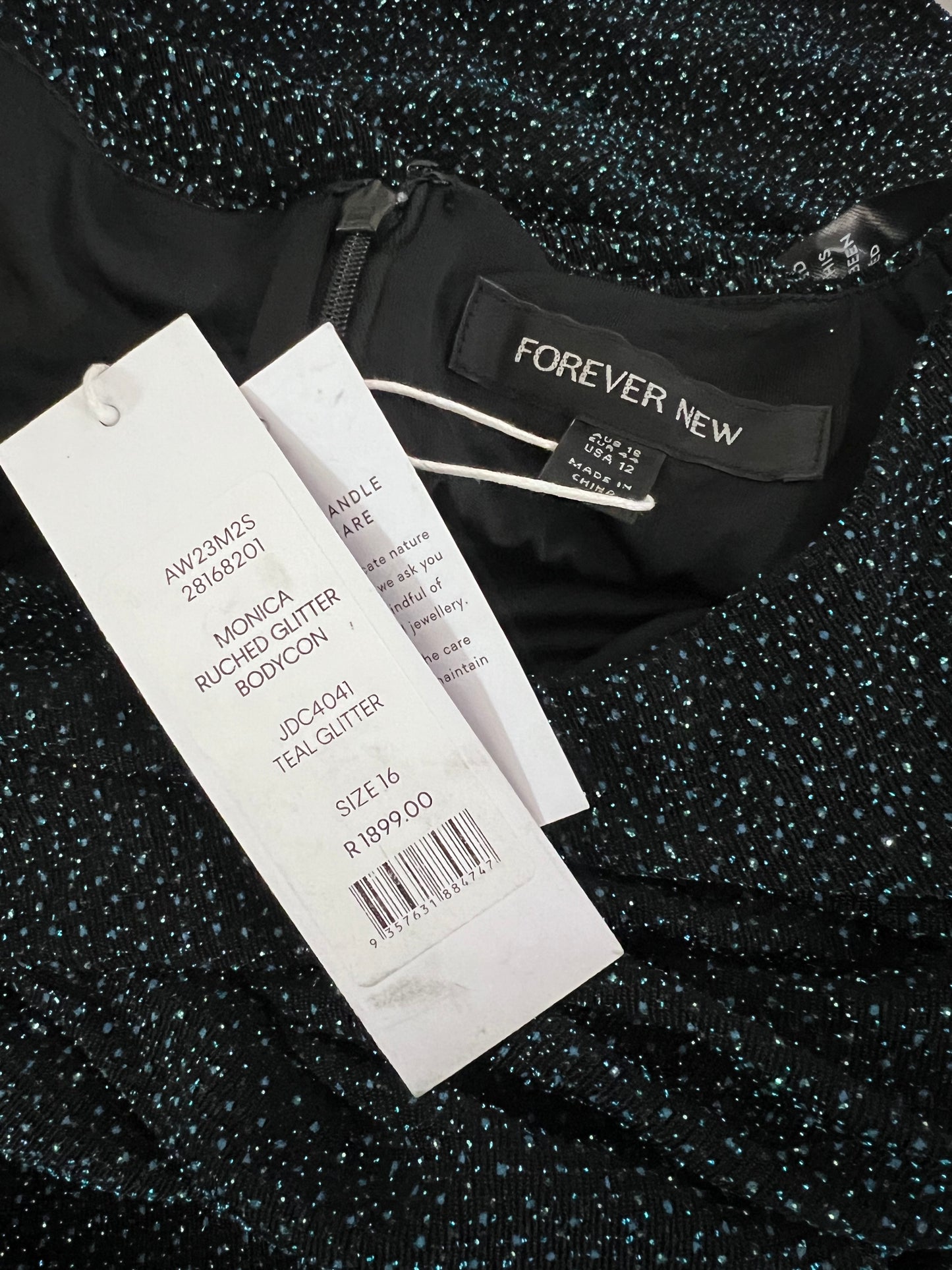 Forever New Monica Ruched Teal Glitter Bodycon - Size 16