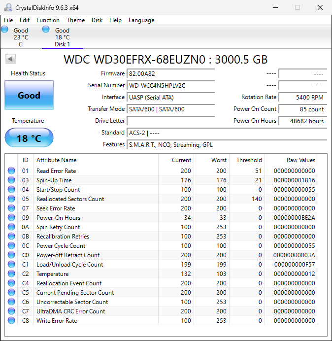 WD Red 3TB NAS Internal Hard Drive 5400 RPM Class, SATA 6 Gb/s, CMR, 64 MB Cache, 3.5 WD30EFRX (WD-WCC4N5HPLV2C)