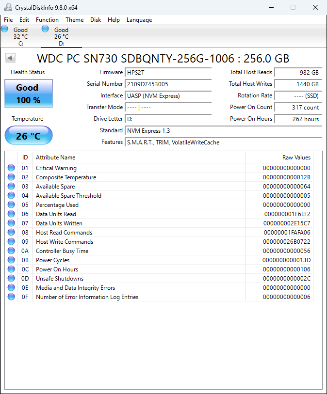 100% Health WDC PC SN730 SDBQNTY-256G-1006  256 GB M.2 NVMe SSD (Test Results In Images)
