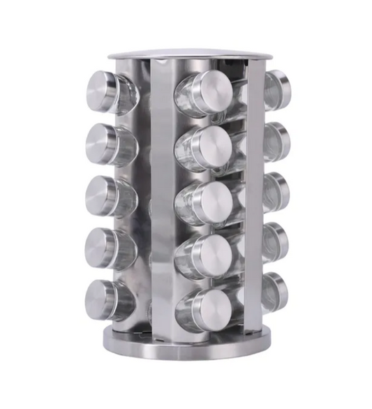 Stainless Steel Rotating Spice Rack With 20 Glass Jars