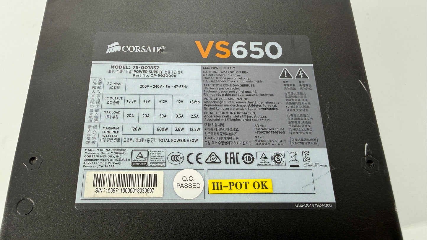 Corsair VS650 — 650 Watt 80 PLUS® Power Supply S/N: 15397110000018030697