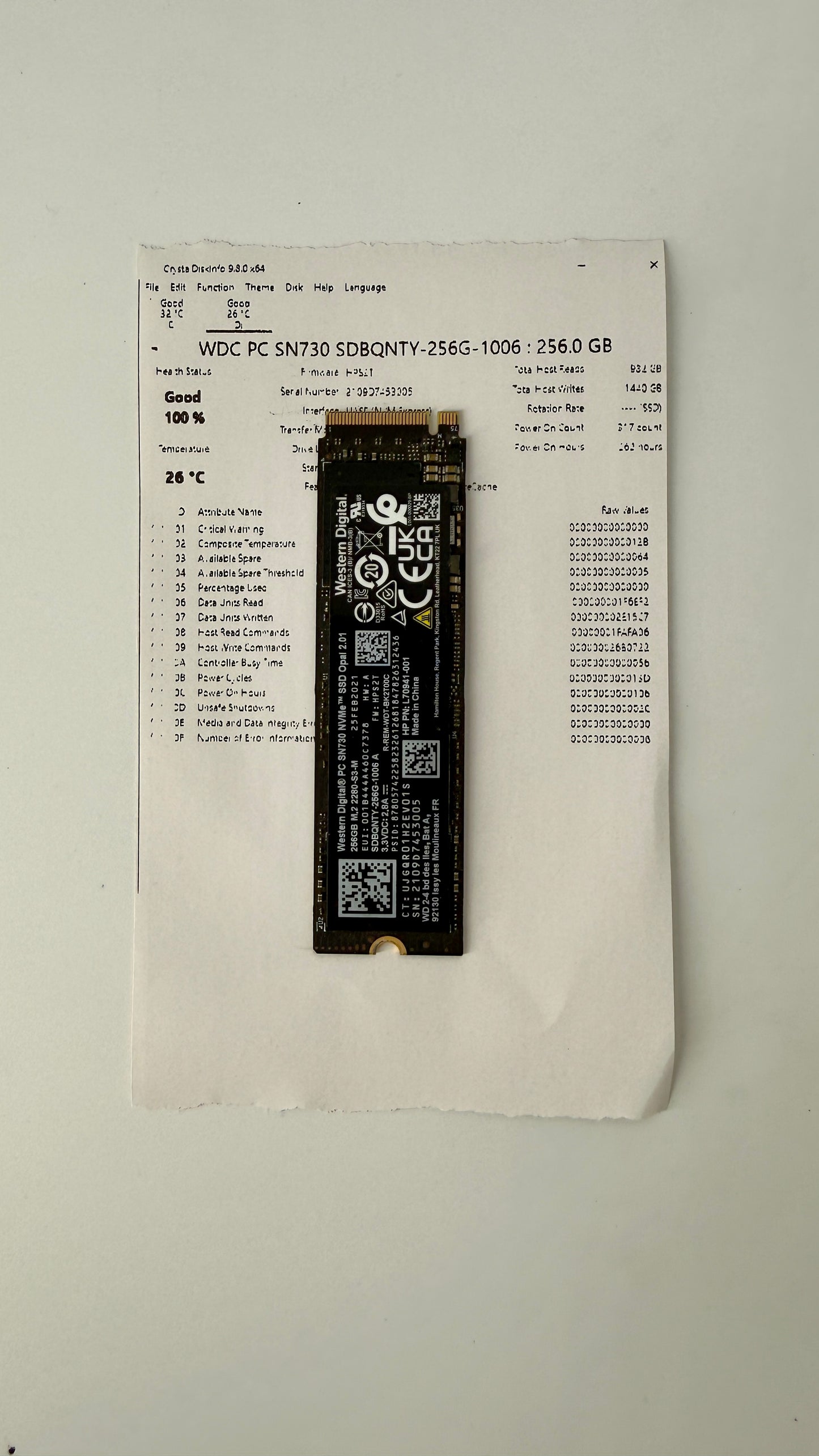 100% Health WDC PC SN730 SDBQNTY-256G-1006  256 GB M.2 NVMe SSD (Test Results In Images)