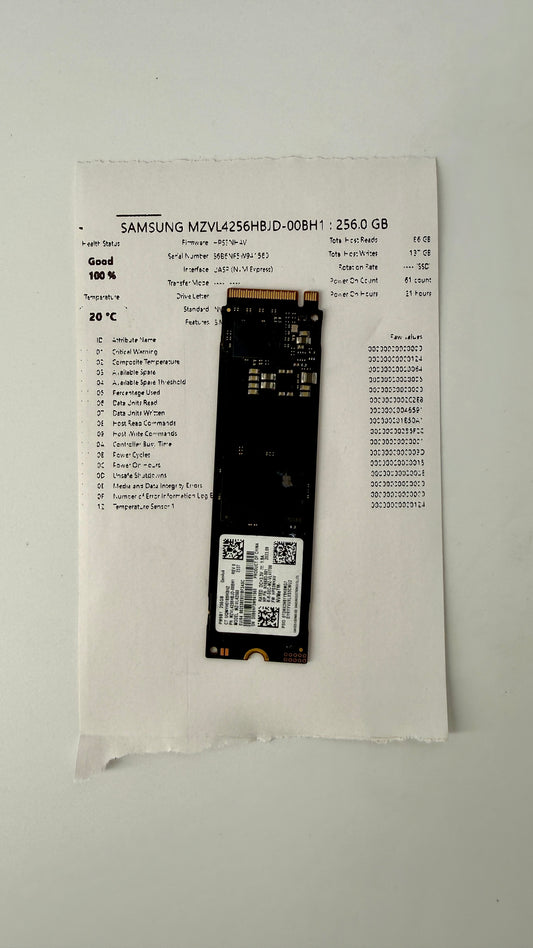 100% Health SAMSUNG MZVL4256HBJD-00BH1 : 256.0 GB M.2 NVMe SSD (Test Results In Images)