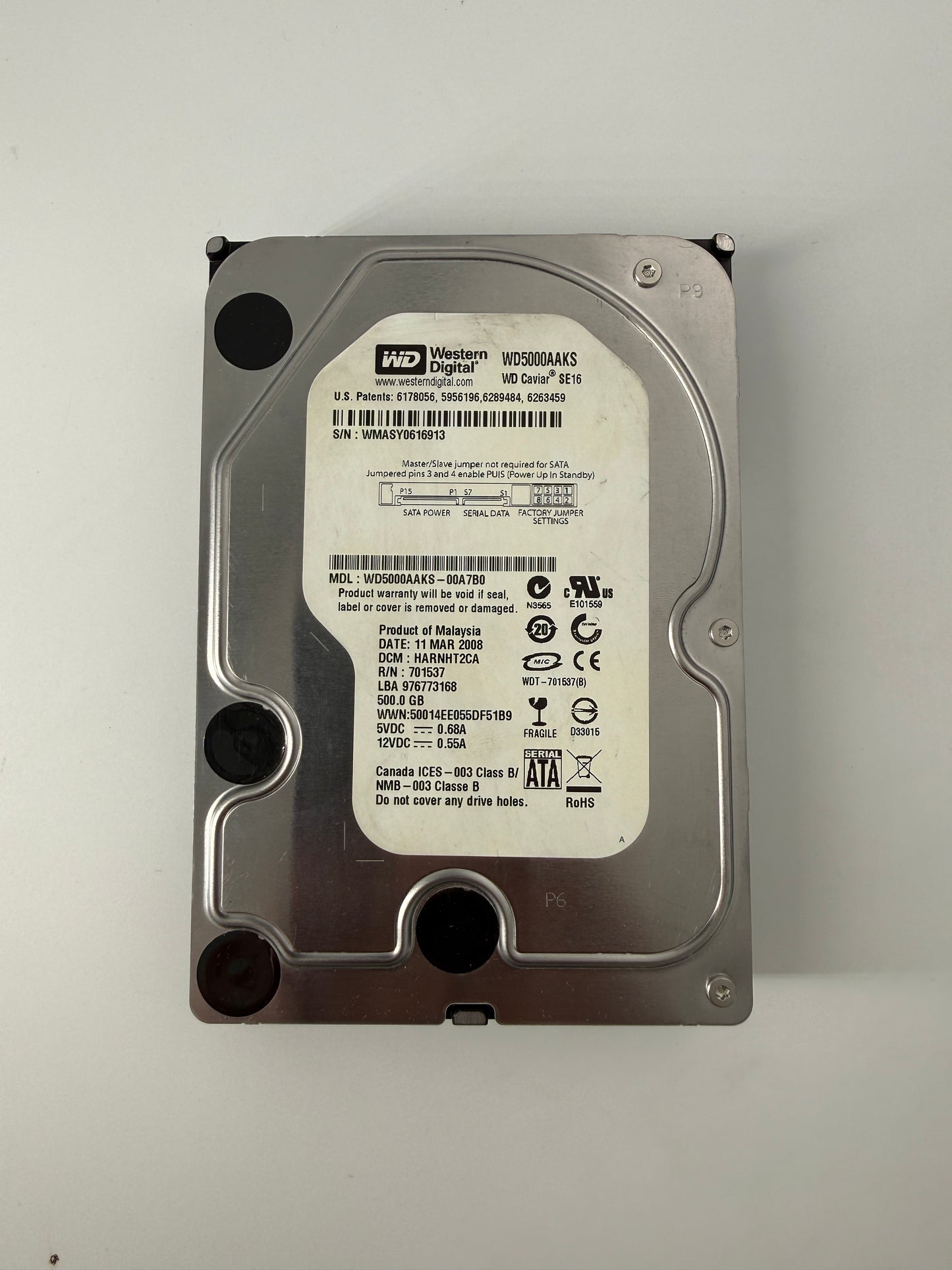WDC WD5000AAKS-00A7BO : 500.1 GB