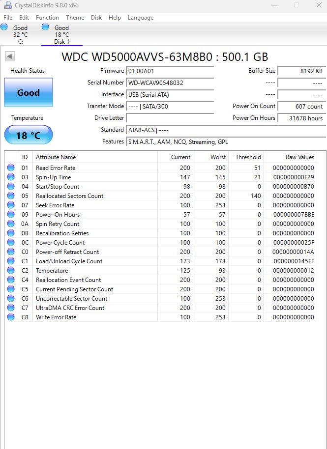 WD 500GB Hard Drive MDL: WD5000AVS WD5000AVVS-63M8B0 (Test Results In Images)