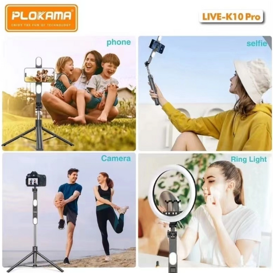 PLOKAMA LIVE-K10 LED Selfie Stick Portable Tripod 200cm 3 in 1 Bluetooth Remote