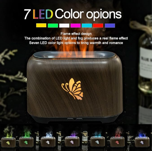 Wood Grain Humidifier, Flame Diffuser Humidifier Relieve Fatigue 150ml Silent Operation for Bedroom for Office (Deep Grain)