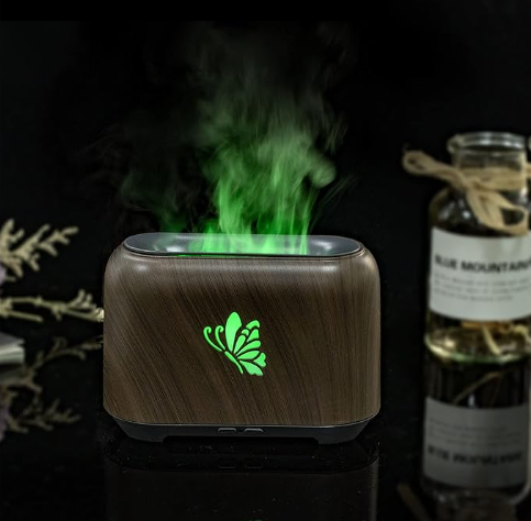 Wood Grain Humidifier, Flame Diffuser Humidifier Relieve Fatigue 150ml Silent Operation for Bedroom for Office (Deep Grain)