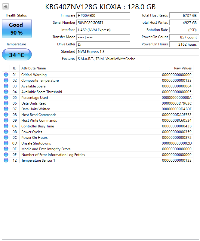 kbg40znv128g Kioxia/TOSHIBA NVMe 128GB  M.2 2280 SSD (Test Results In Images)