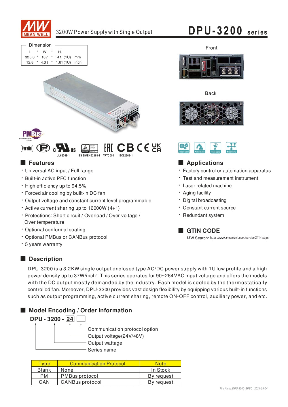 67Amp-48V MEAN WELL DPU-3200-48 AC DC Switching PowerSupply 3200w  133Amp