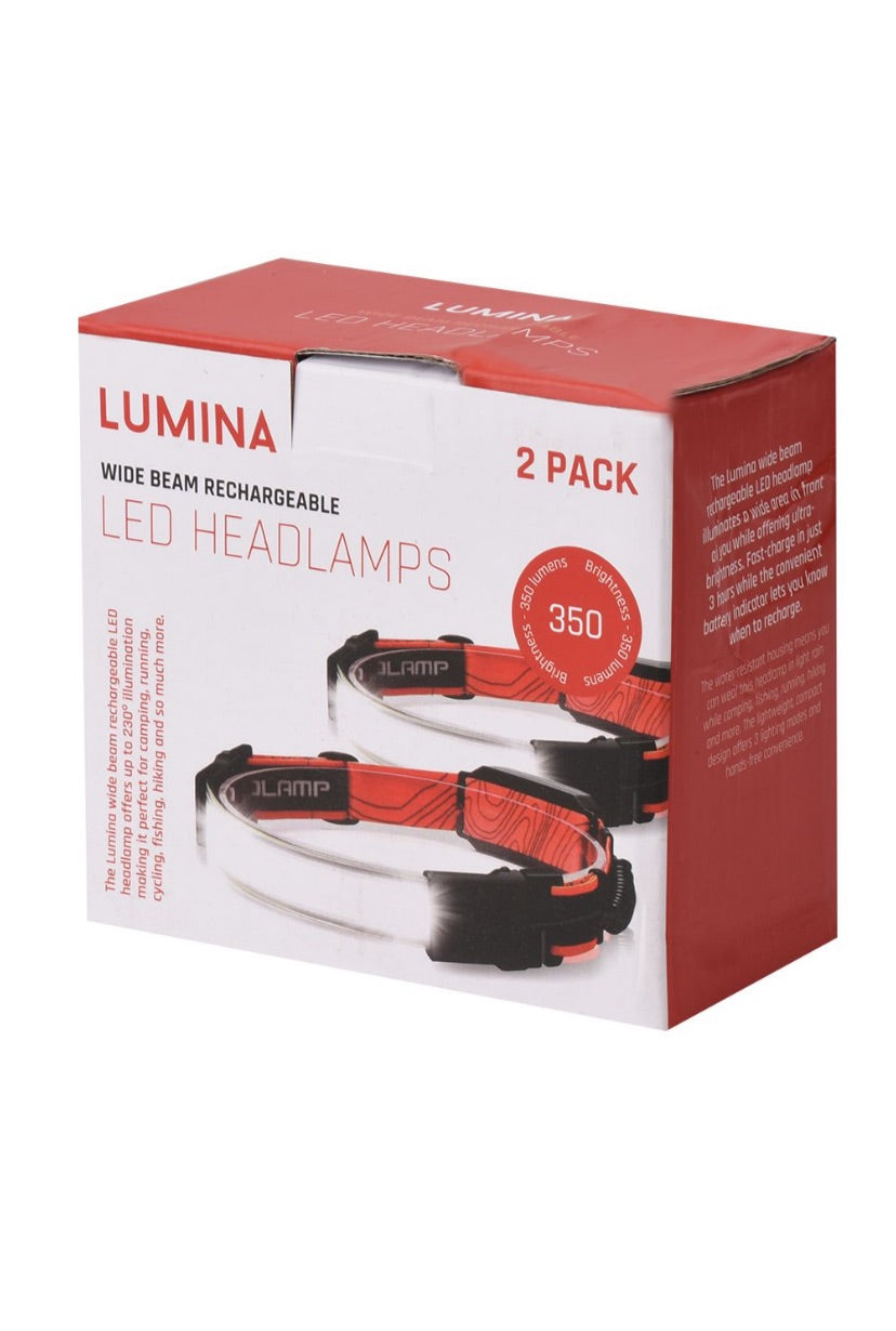Lumina Wide Beam Rechargeable LED Headlamps – Pack of 2