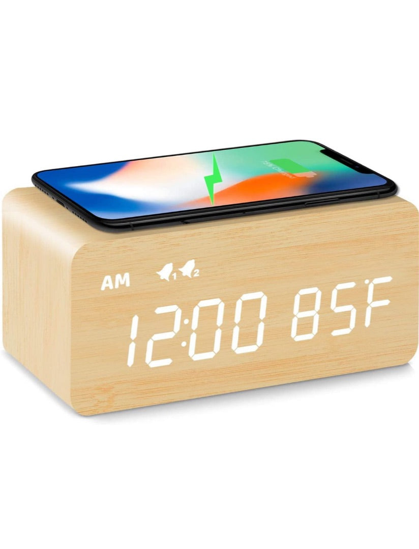 Maisonware Multi-Functional Bamboo LED Alarm Clock with Wireless Charging