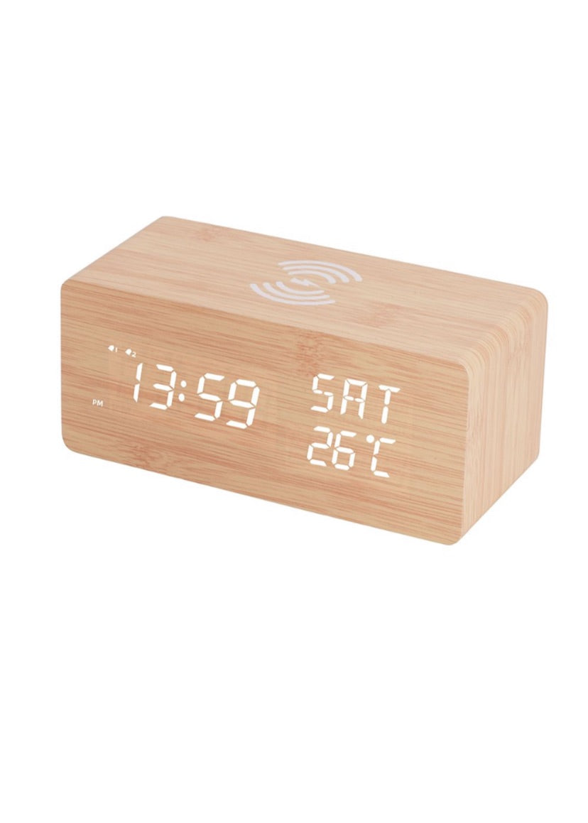 Maisonware Multi-Functional Bamboo LED Alarm Clock with Wireless Charging