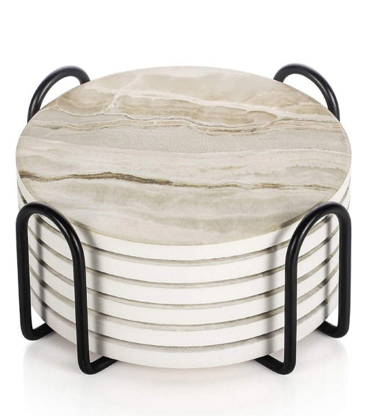 Maisonware Ceramic Non-Slip Coasters with Metal Holder - Set of 6