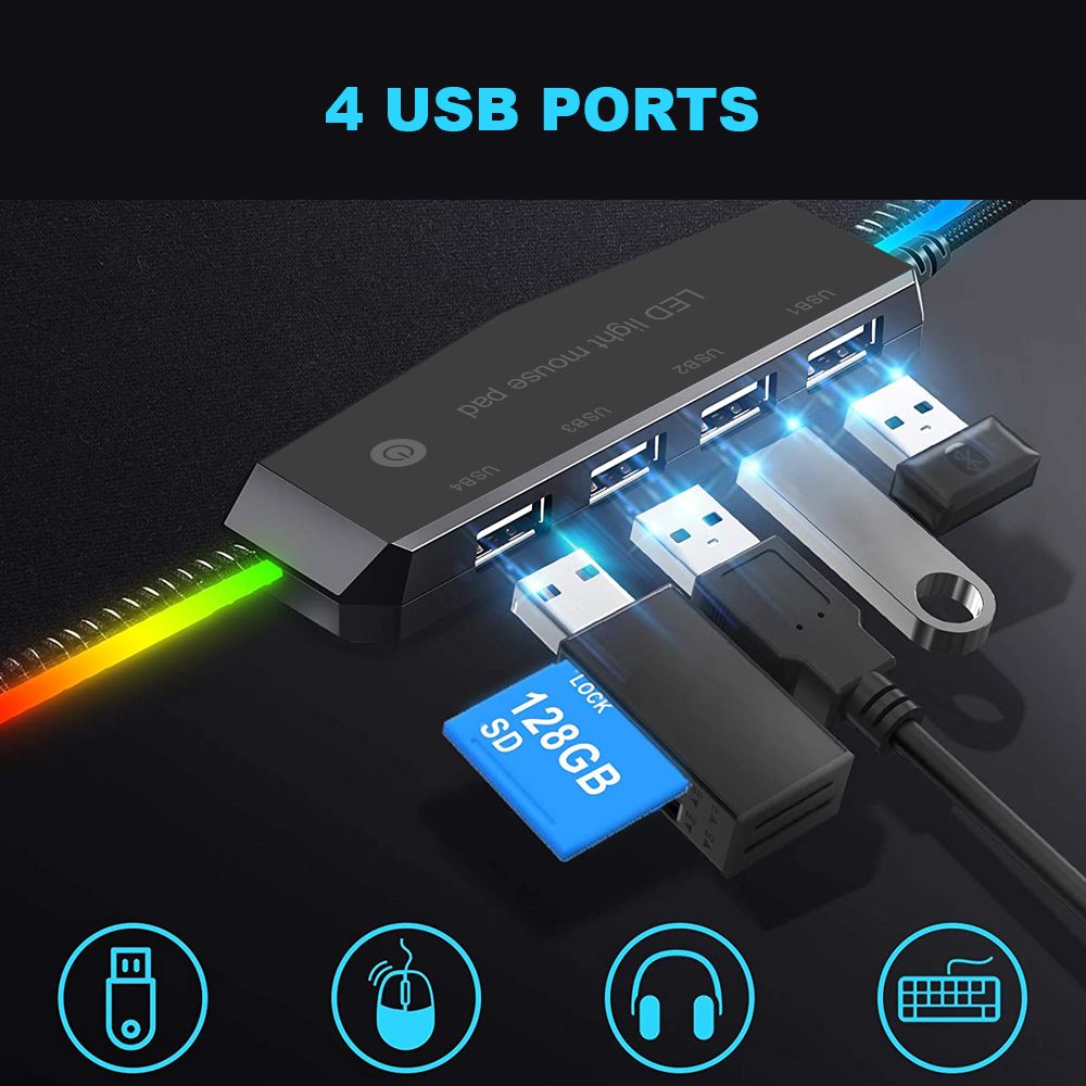 Waterproof 4 USB Port LED RGB Gaming Mouse Pad - Black