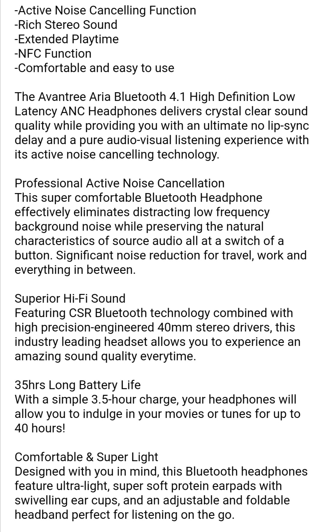 Avantree Aria Pro High-End Wireless ANC Headphones