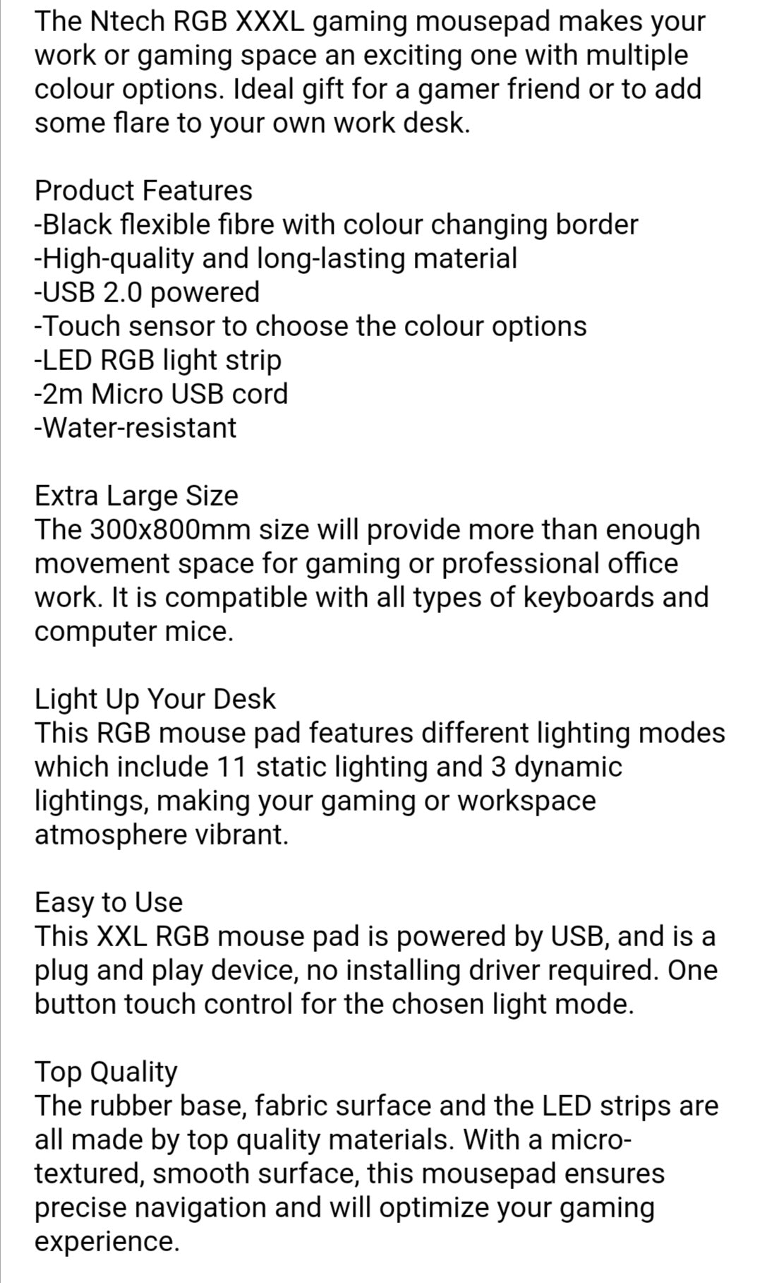 RGB LED Colour Changing XXL Gaming Mouse Pad