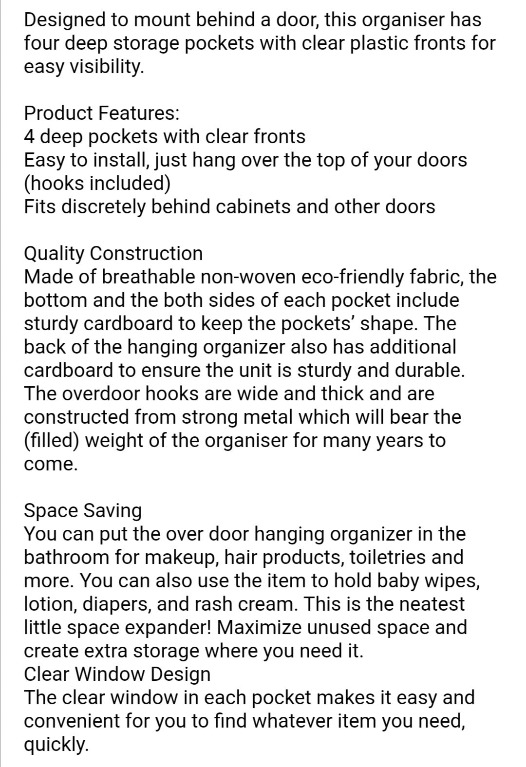 Hanging Organizer With 4 Clear Pockets