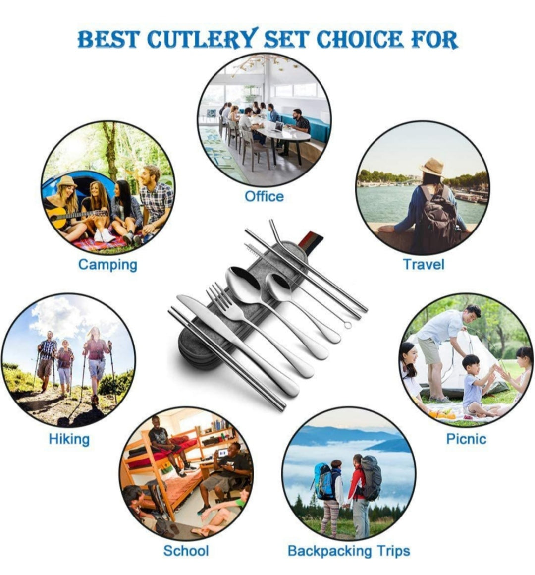 Reusable Travel 8 Piece Cutlery Set With Carry Bag