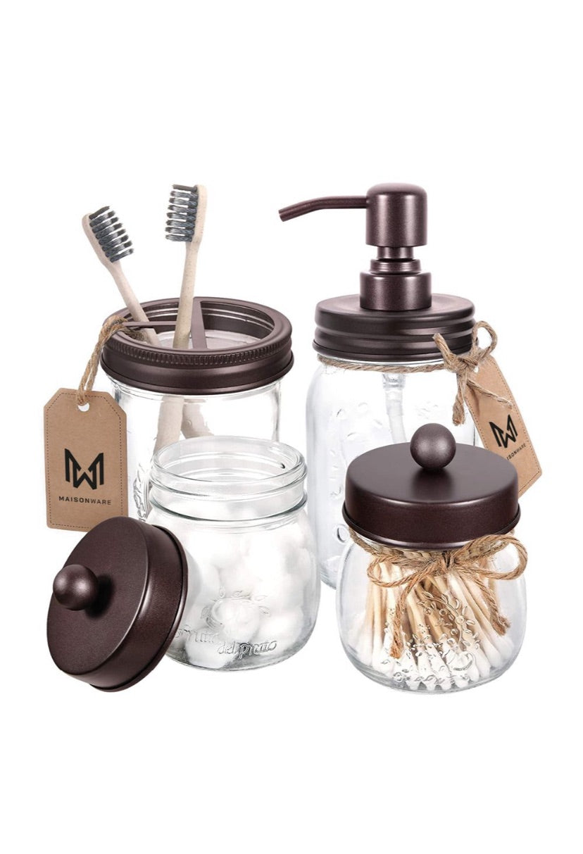 Maisonware 4 Piece Mason Jar Bathroom Organisers With Soap Dispenser