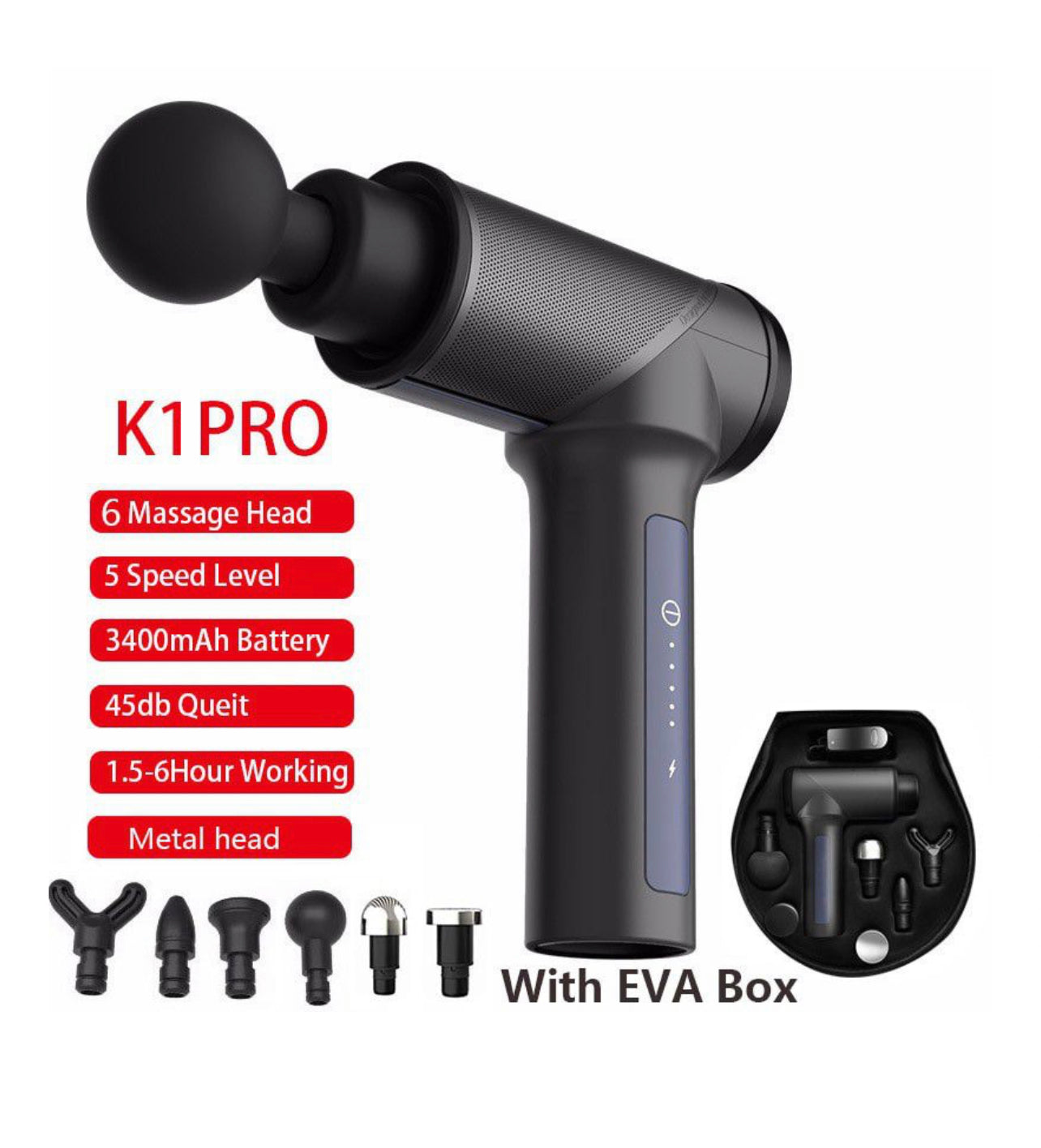 K1 Pro Portable Percussion Massage Gun with 6 Attachments