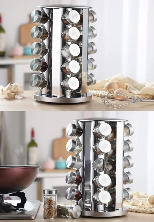 Stainless Steel Rotating Spice Rach With 20 Glass Jars